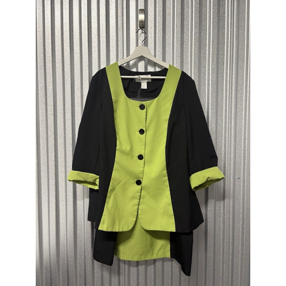 Allison Woods Plus 22W 2-Pc Skirt Set Black Green Accent Button Down Church Work